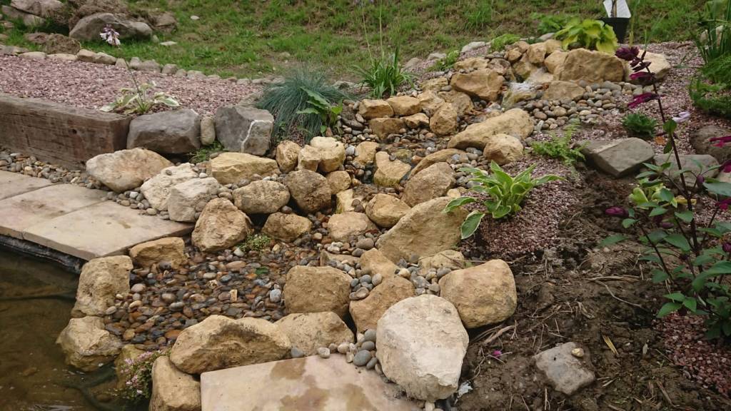 Planted waterfall feature for pond in carmarthenshire