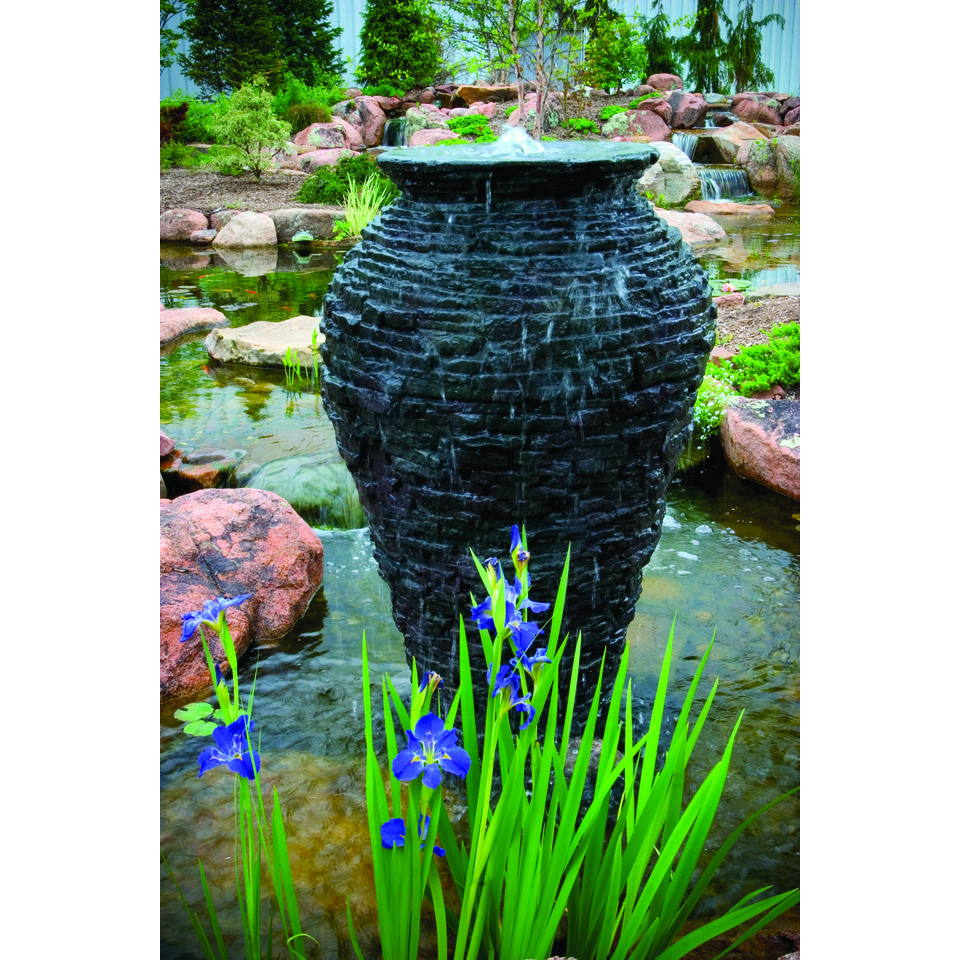 Stacked slate urn water fetaure with iris